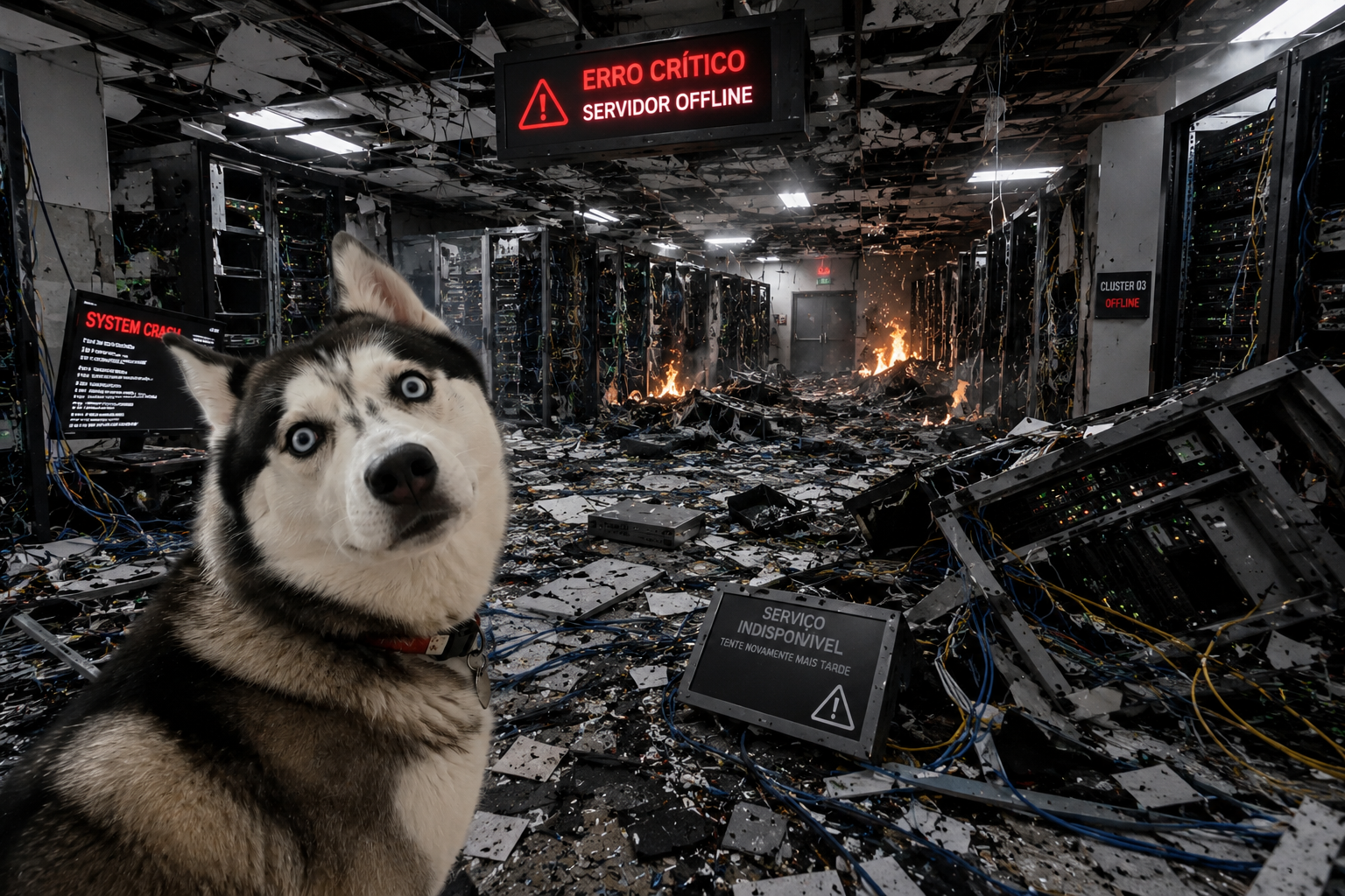 Husky técnico segurando cabo de rede ao lado dos servidores